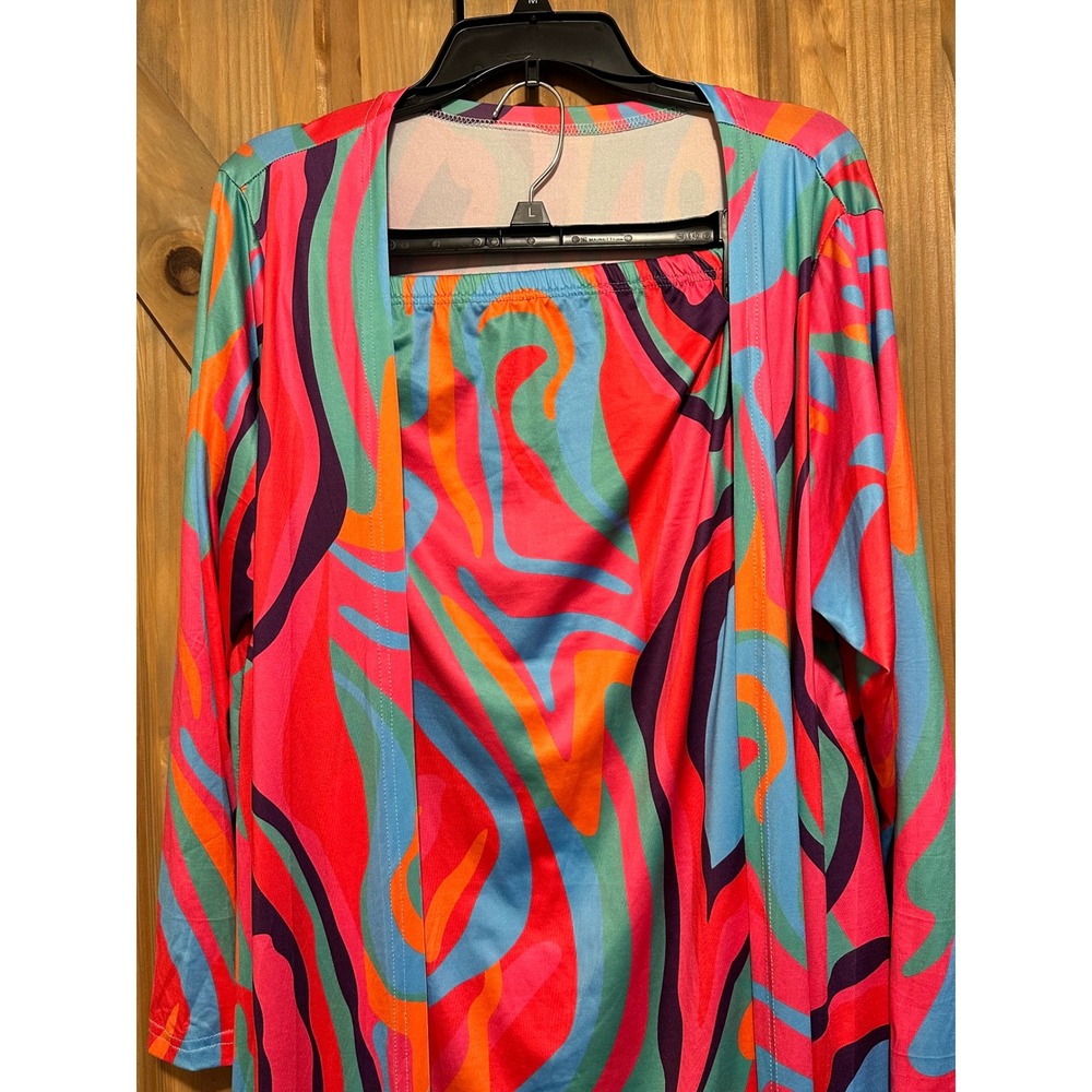 Psychedelic Swirl Print 2 Piece Set Duster Cardigan and Tube Dress Neon 2XL